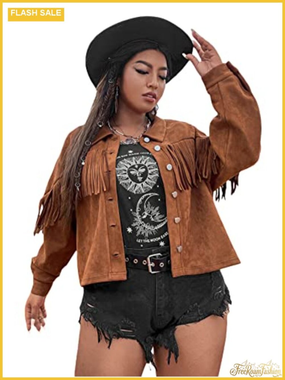 Faux Suede Fringe Trim Button Front Moto Jacket Plus Size